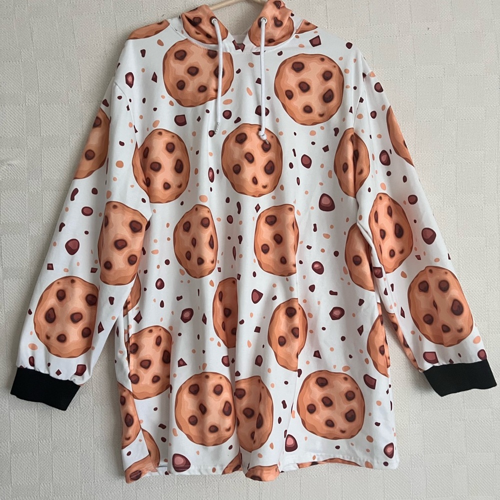 Cute Cookie Print Hoodie Women’s Sweatshirt 2X Soft - White & Brown